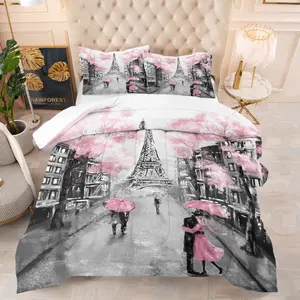 Paris Eiffel Tower Pattern Quilt Set, Includes 1 Quilt and 1 or 2 Coreless Pillowcases, Perfect for Home Bedroom or Dorm Decor Gift
