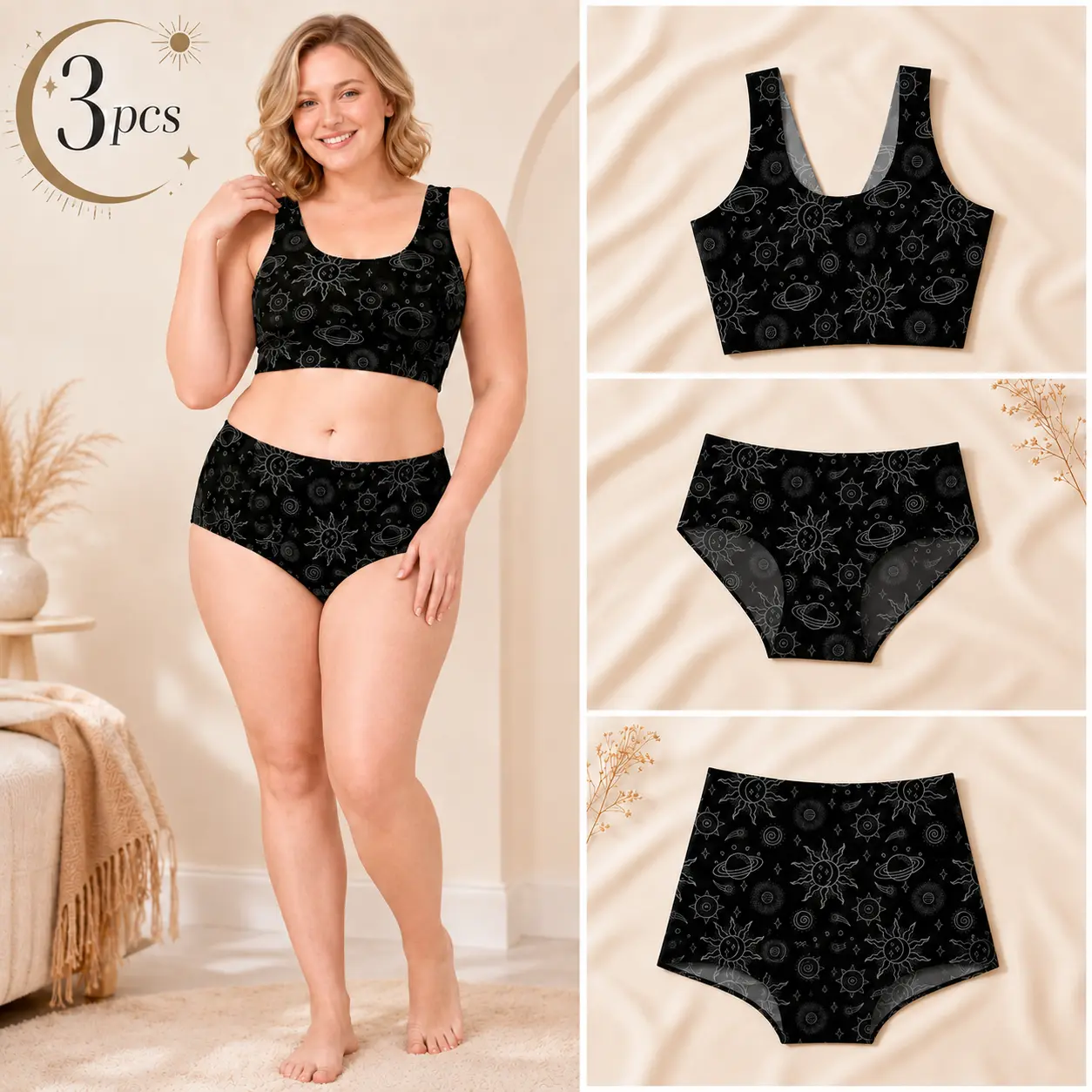 Women's Plus Sizes (XL-4X) 3-Piece Lingerie Set - Seamless Stretch Nylon All-Over Print All Season Wear, Wire-Free Unpadded Crew-Neck Bralette, High-Waisted Bikini Bottom, Boy-Short Bottom