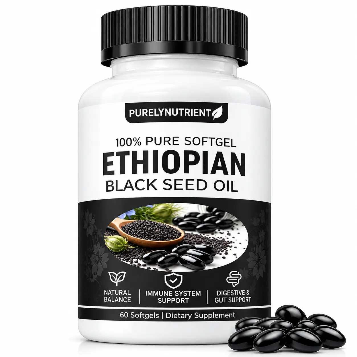 PURELYNUTRIENT Ethiopian Black Seed Oil Herbal Supplement Softgels, 4.64% Thymoquinone, 60 Count, Immunity Boost, Digestion Aid, Gluten-Free, Prop 65 Safe