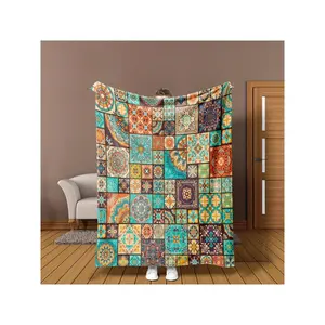 Luxury Moroccan Mosaic Flannel Blanket - Turquoise Blue, Golden, Brown & Beige Boho Bedspread, All-Season Soft Warm -Like Cover For Couch, Bed, Sofa - Multicolor Moroccan Design In Green, Orange, Red, Black-30*40in