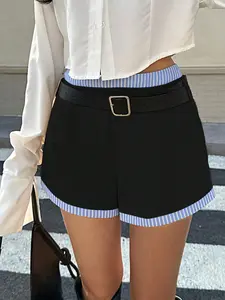 Women's Fashion Striped Patchwork Low Waist A-Line Shorts, Casual Summer Wear, Comfortable and Stylish, Perfect for Daily Use
