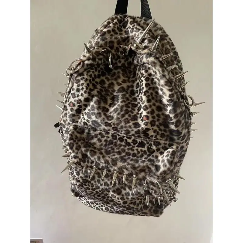punk rivet leopard print backpack men display picture 3