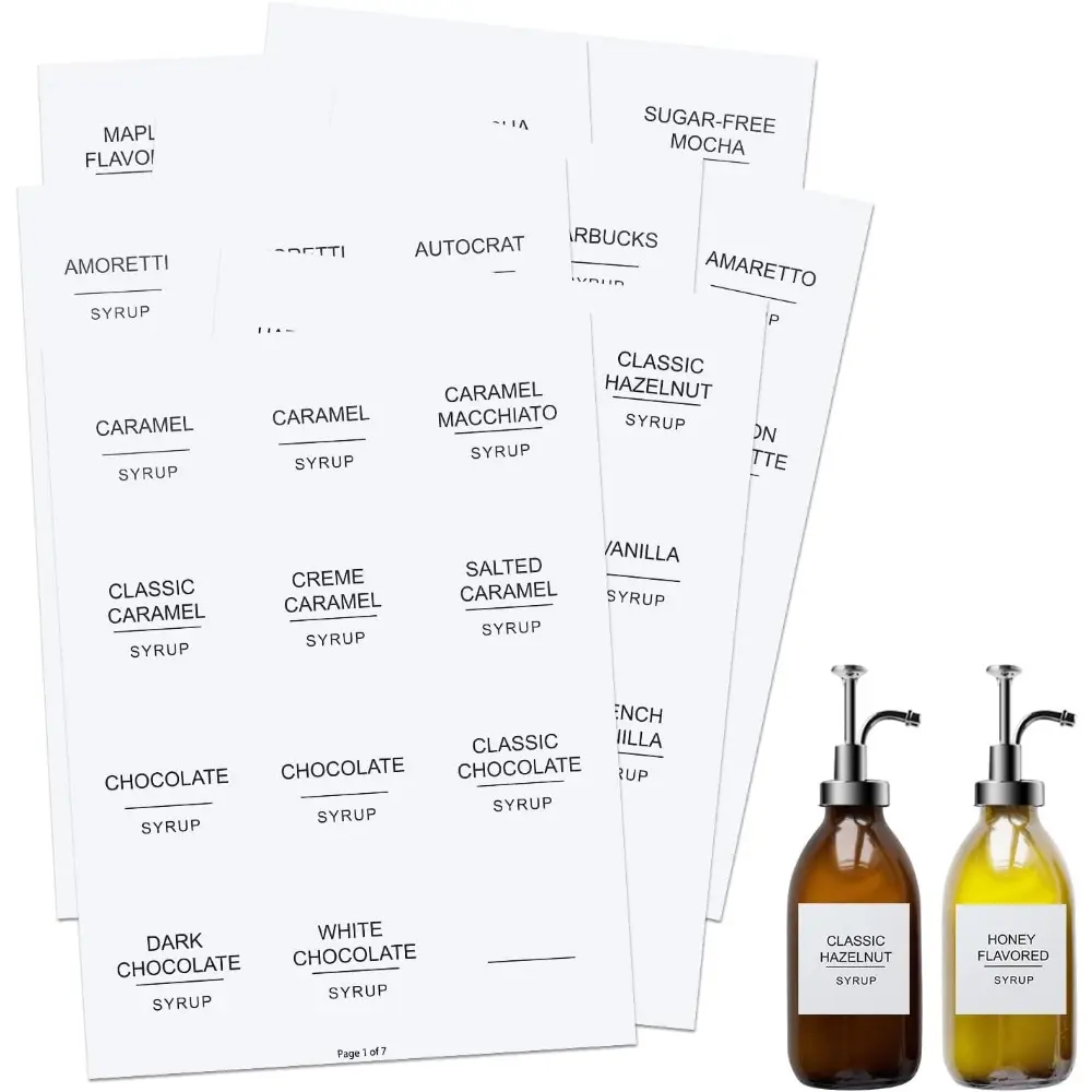 84 Pcs Waterproof White Minimalist Coffee Syrup Labels - Self-Adhesive Stickers for Bottles, Bar Containers, Dispensers with Syrup Flavors Identification
