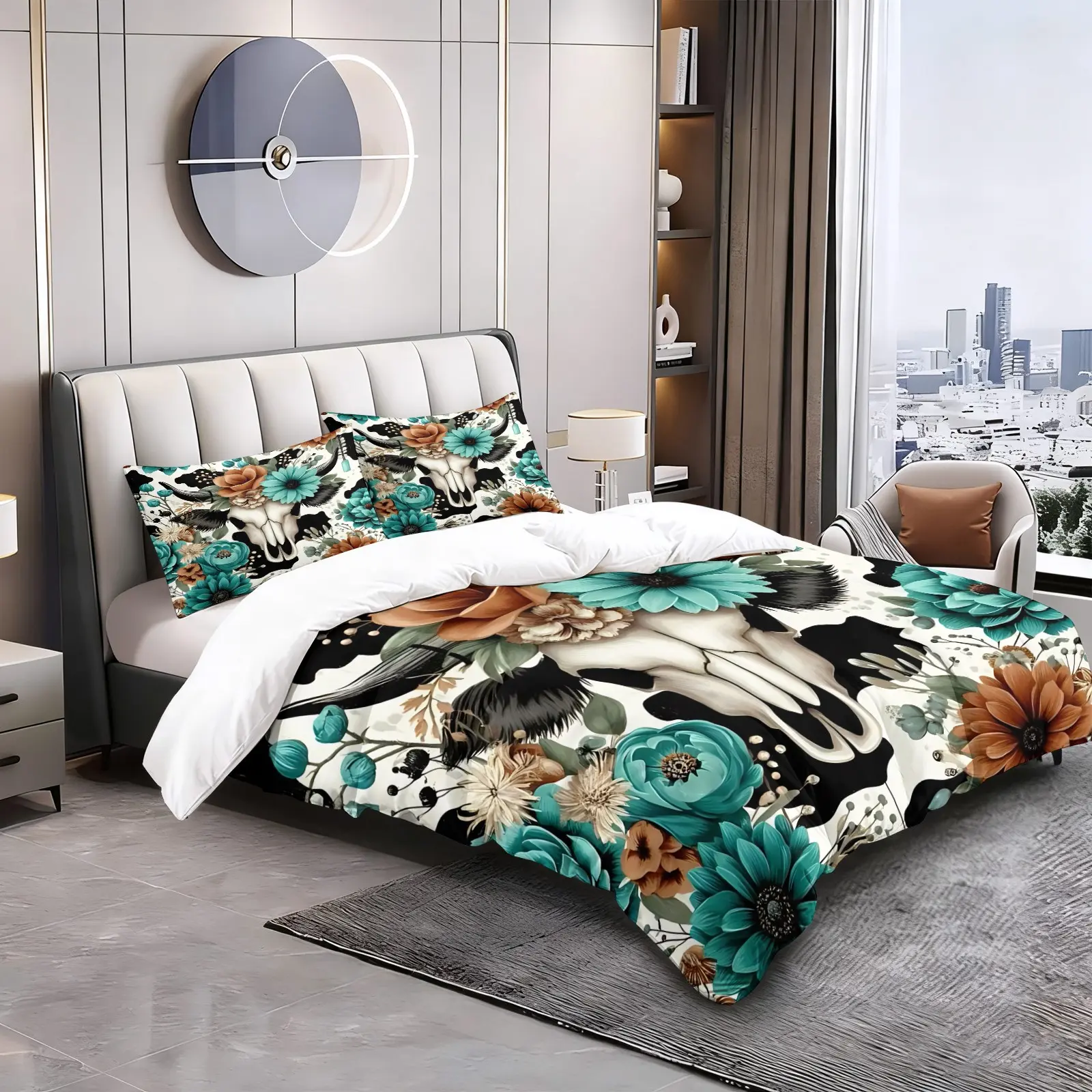 2/3pcs Western Cow Skull Floral Duvet Cover Set, Cow Print Comforter Cover, Soft Microfiber Bedding Set (No Filler), Cozy Bedding Set, Floral Bedding Sets, Turquoise Boho Flower Cowboy Decor Bed Set for Western Style Bedroom