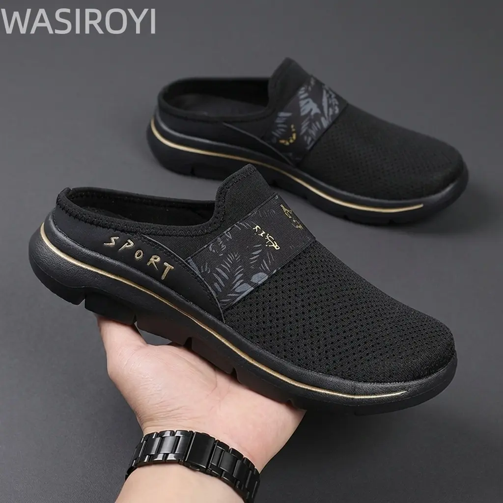 WASIROYI Men’s Mesh Closed-Toe Open-Back Slip-On Mules, Breathable Lightweight Casual Walking Shoes, Non-Slip Soft Thick Sole Lazy Slide Sandals for Indoor/Outdoor Daily Wear