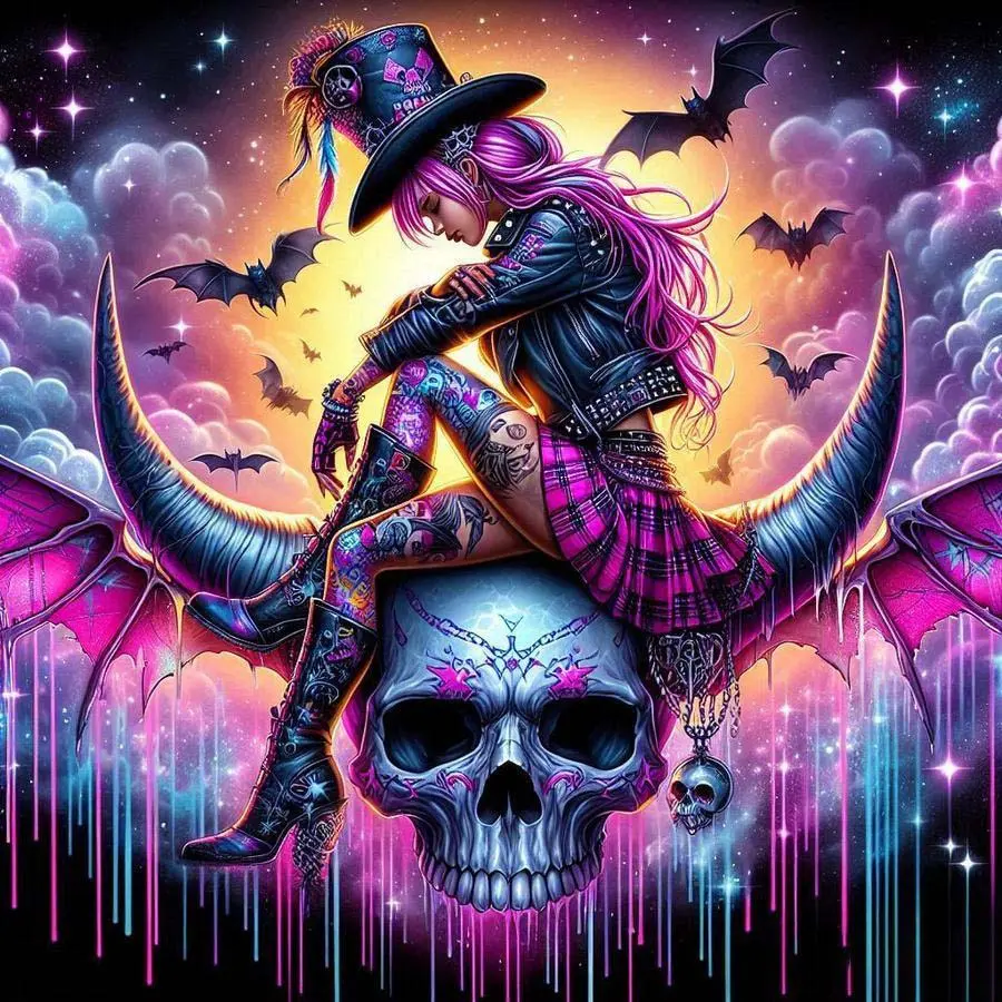 5D DIY Full Drill Round Diamond Painting - Diamond Painting Kits - Diamond Art Kit Punk Girl, Bats, Wings, Mosaic, Canvas - DIY Decor Painting, Home Wall Decoration, Handicraft, Perfect for Halloween, Christmas, Birthdays, Anniversary Gifts