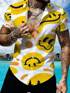 Smiley Face Pattern Men's Short Sleeve Shirt, Summer Casual Trendy Printed Top, Breathable Lapel Shirt, Art Print Shirt