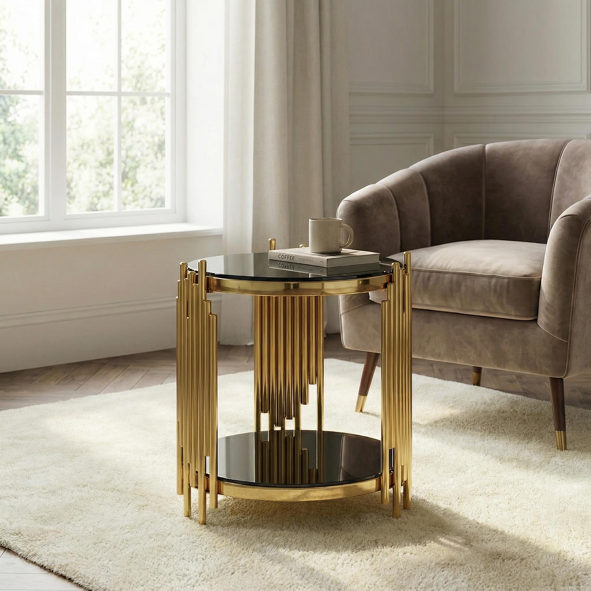 NYUN Round Tempered Glass Coffee Table - Mirror Gold Stainless Steel Multi-Functional Table​