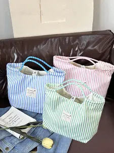 Fresh Striped Cotton Handbag, Blue Multi-Color Commuter Shopping Bag, Lightweight Large Capacity Casual Outdoor Eco-Friendly Reusable Shopping Bags Bag, Tote Bag, Shopper Handbag, Shopping Totes