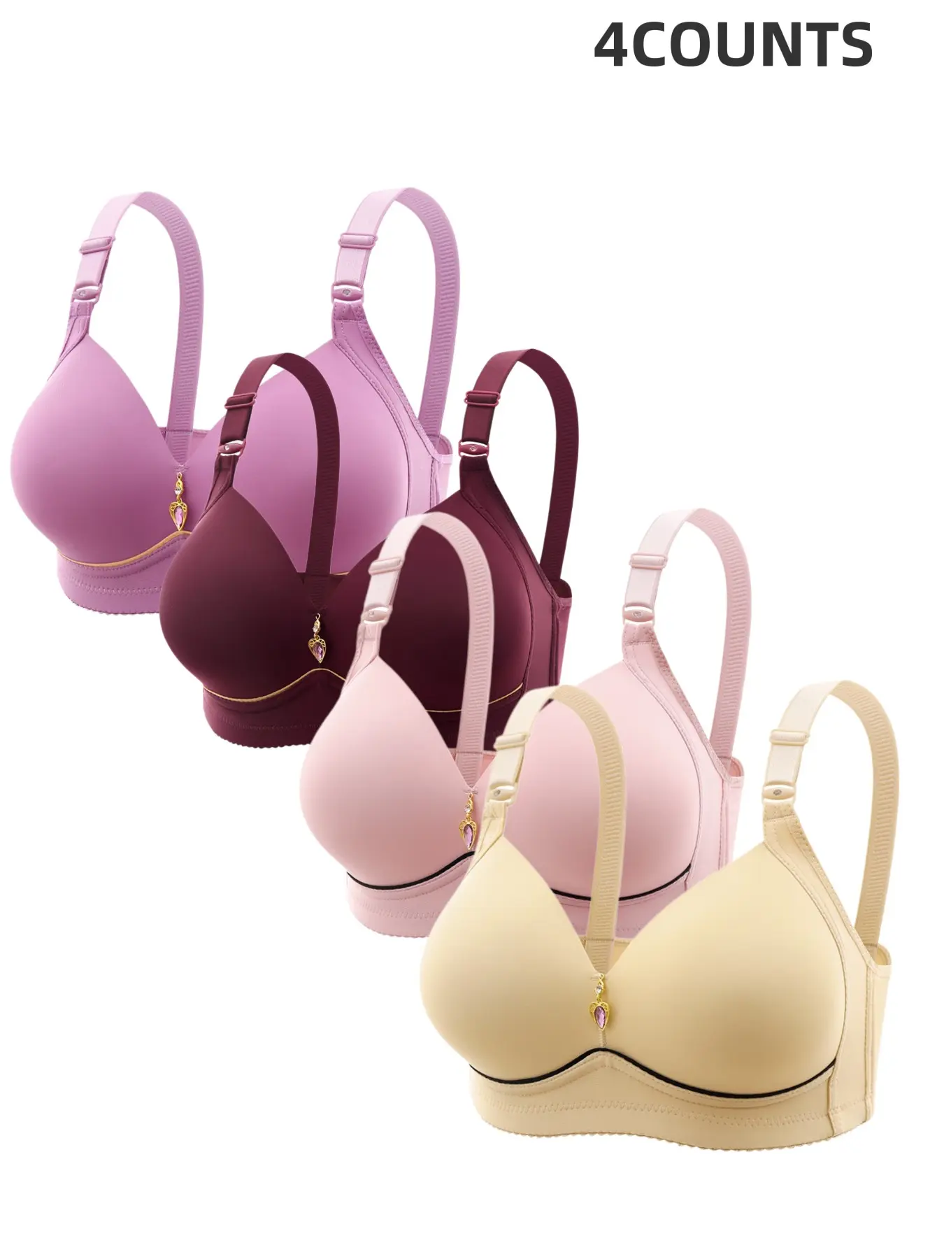 4-Piece Thin Women's Bra Set, Adjustable Straps, Lace Trim, Comfortable Breathable Wireless Bras, Full Coverage, Medium Support