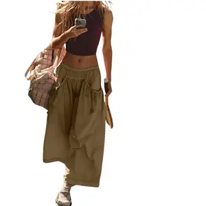 Women's Loose Wide Leg Track Pants Boho Sport Style Drawstring Pockets Elastic Waist Capri Hiking Parachute Pants Womenswear Casual