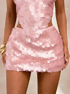 Apricot Low-Waist Sequin & Shell Embellished Fitted Mini Skirt, Shell Sequin Skirt, Beach Holiday Skirt, Elegant Summer Mini Skirt, Music Festival, Party