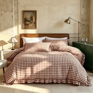 3pcs Vintage Brown Small Plaid Duvet Cover Set, Includes 1 Duvet + 2 Pillowcases No Insert, Comfortable Sleep, Elegant Bedding, Perfect Gift for Dorm Room