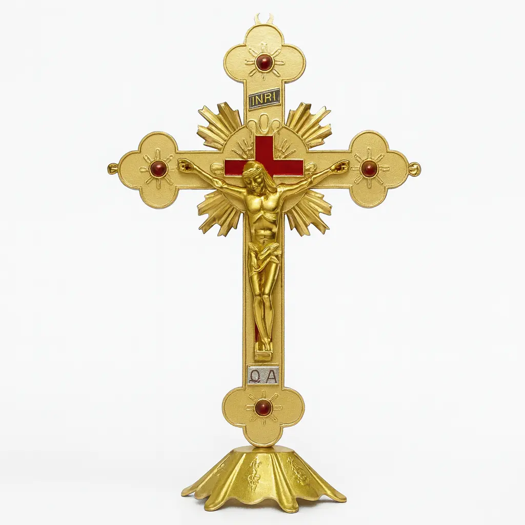 12 in Metal Decorative Catholic Crucifix - Ornate Standing Cross with Jesus Christ Figure, Altar Decoration, Religious Home Decor for Church & Prayer
