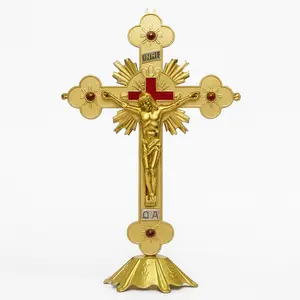 12" Gold Catholic Crucifix – Ornate Standing Cross with Jesus Christ Figure | Altar Decoration, Religious Home Decor, Spiritual Protection Cross for Church & Prayer