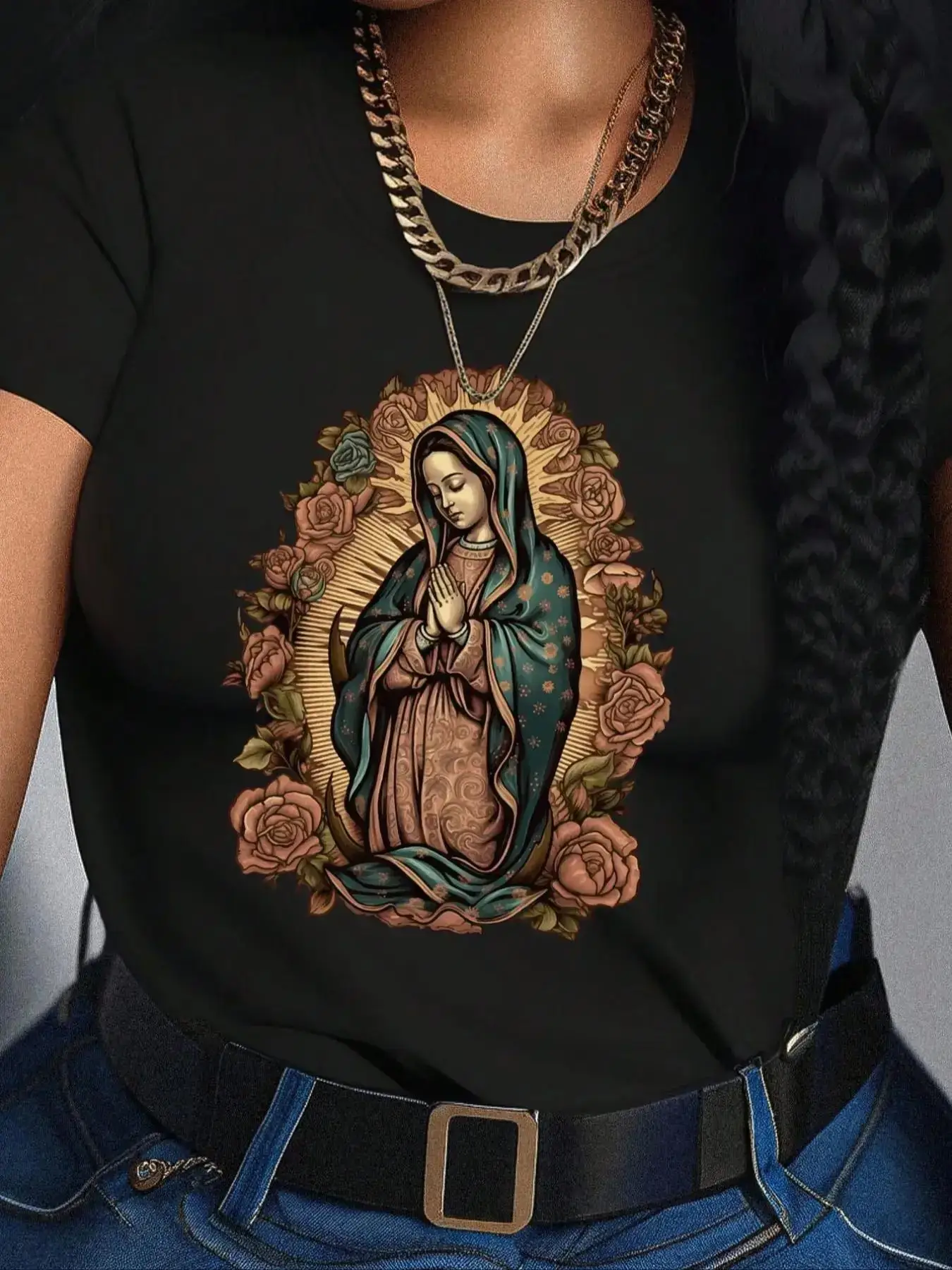 Women's Floral & Figure Print Round Neck Tee, Trendy Casual Short Sleeve Crew Neck T-shirt for Daily Wear, Summer Clothes, Graphic Tee Shirts, Graphic