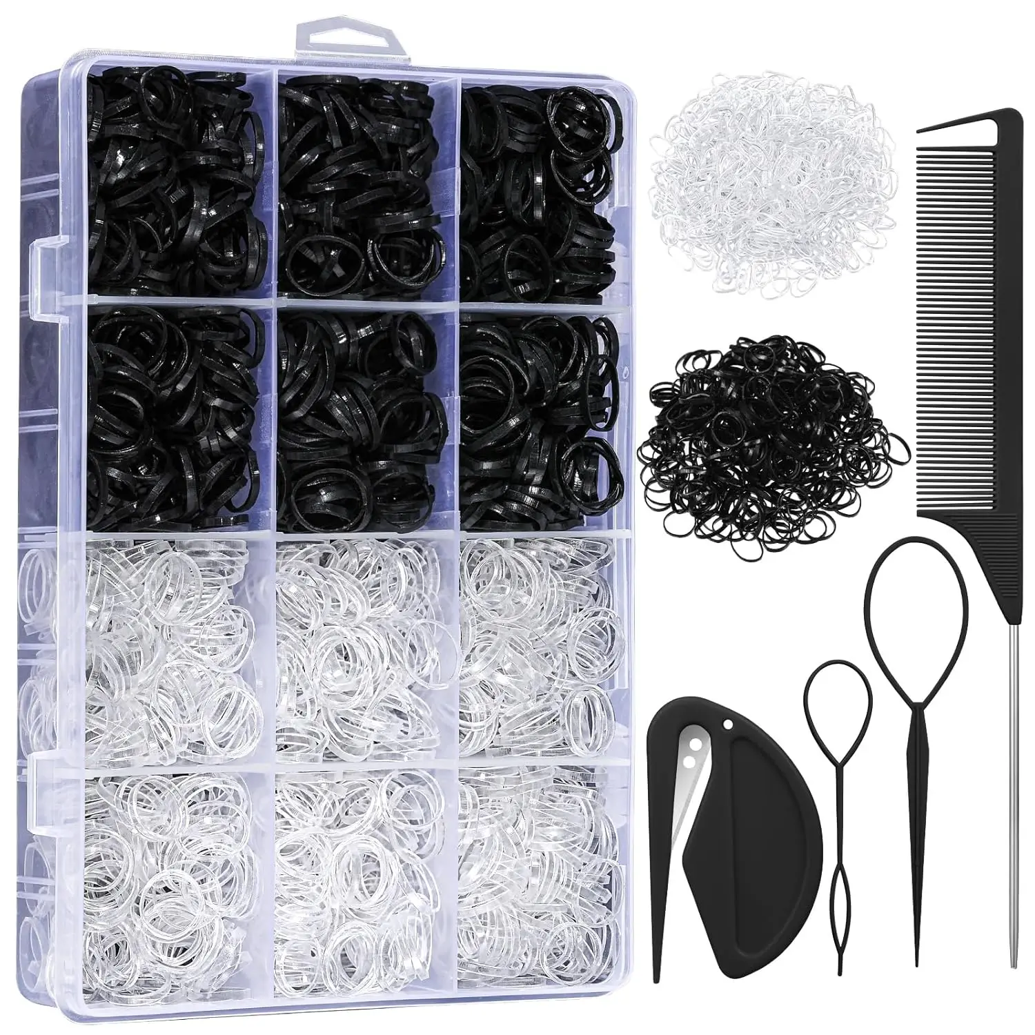 2200 Pcs Elastic Hair Bands with Hair Loop Styling Tool Set, Clear and Black Elastic Hair Ties with Rubber Band Cutter Organizer Box Hair Accessories for Toddler Baby Girl Women
