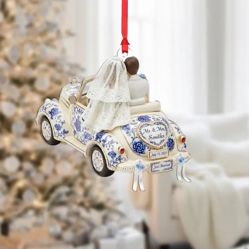 Personalized “Just Married” Car Ornament – Classic Wedding Car Hanging Decoration with Names & Date