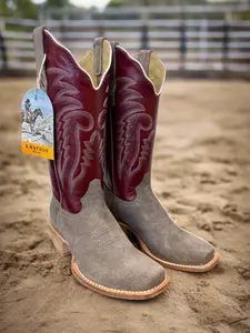 R. Watson Women's Charcoal Grey Rough Out & Red Top Cutter Toe Cowgirl Boots RWL8412-1