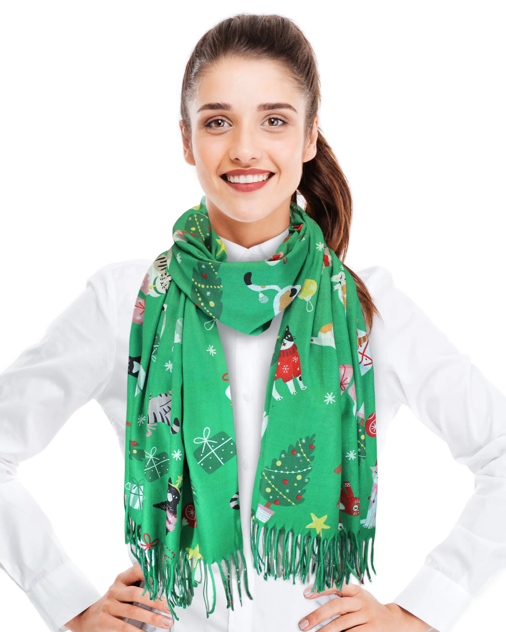 CBC Crown Female Rectangular Soft and Comfortable Polyester Scarf - Festive Christmas Cat Print Fashion Wrap with Tassel Ends, 28in x 78in, Animals, Basic, Hand Wash Only