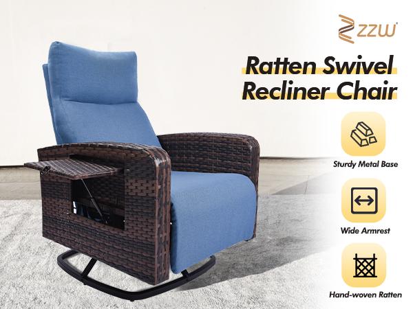 ZZWHOM Cozy PE Wicker Recliner with Side Table – 1/2 PCS Set, Outdoor Patio Chair with Reclining Back, Swivel & Non-Swivel Options for Morning Coffee on Balcony or Poolside Lounging