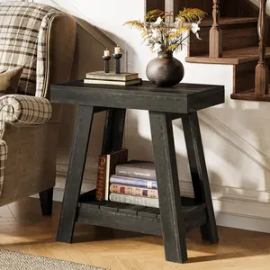 TRIBEWOOD 2-Tier Wooden End Table, Farmhouse Small Sofa Side Table with Storage, Slim Narrow Nightstand for Living Room, Bedroom, Small Spaces