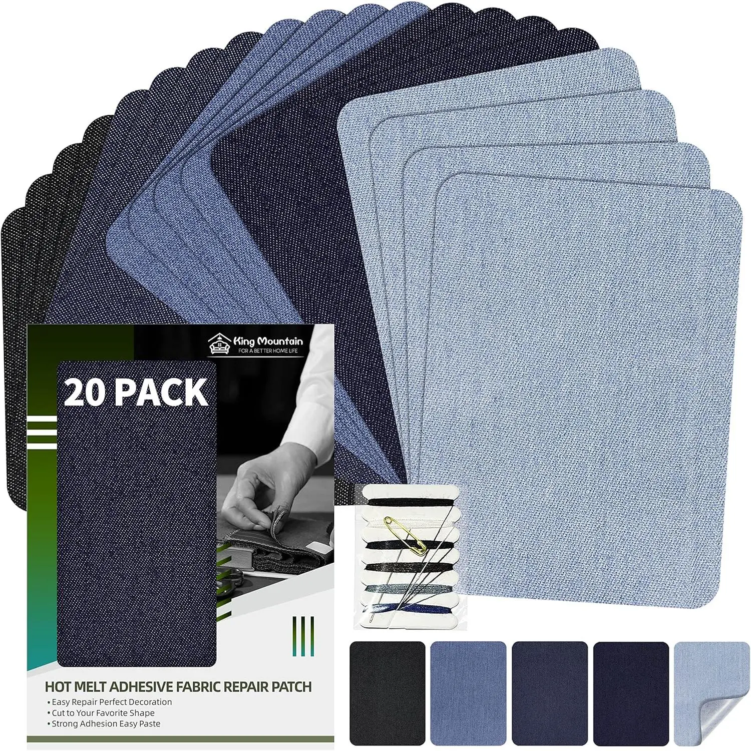 KING MOUNTAIN Iron-on Repair Patch 20 Pcs Pack,Denim Patches for Jeans Kit 3" by 4-1/4", 100% Cotton Denim Iron-on Repair Patch,Jeans and Clothing Repair and Decoration Kit (Five Color) KING MOUNTAIN Iron-on Repair Patch 20 Pcs Pack,Denim Patches for Jeans Kit 3" by 4-1/4", 100% Cotton Denim Iron-on Repair Patch,Jeans and Clothing Repair and Decoration Kit (Five Color)