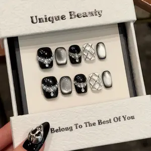 [BlackPearl] Short Square Handmade Press on Nails, Fake Nails with Nail tool kit with Jelly Stickers, Reusable, Durable