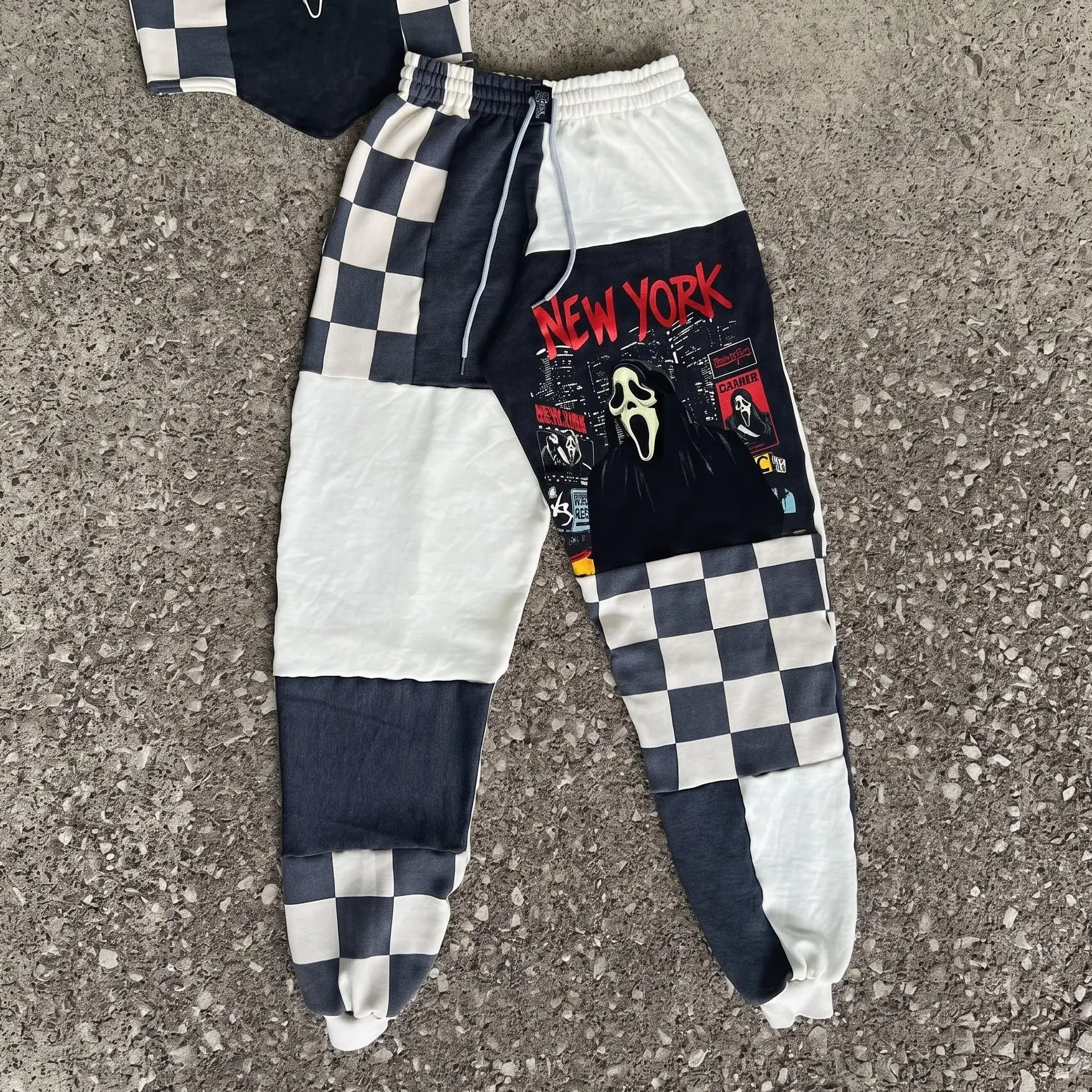 Black White Checkered Ghostface New Y0rk Print Sweatpants, Patchwork Joggers, For Women, Horror Gift