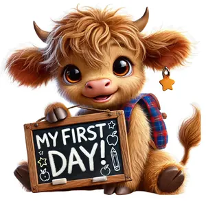 First Day Of School Highland Cow with Backpack Direct To Film Print, DTF Print, Ready To Press Print For T-Shirts