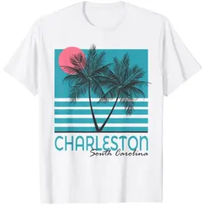 Charleston South Carolina Retro Palm Tree T-shirt - 100% Pure Cotton | Breathable & Comfortable Minimalist Summer Graphic Tee | High-Quality White Short Sleeve for Men & Women