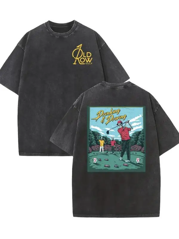 Vintage washed dual-sided golf graphic tee featuring “FORE DRAGONS” design, classic crew neck and loose fit for all-season wear. Perfect casual streetwear pick for weekend leisure and golf-themed outings. Crewneck   Menswear Tshirt