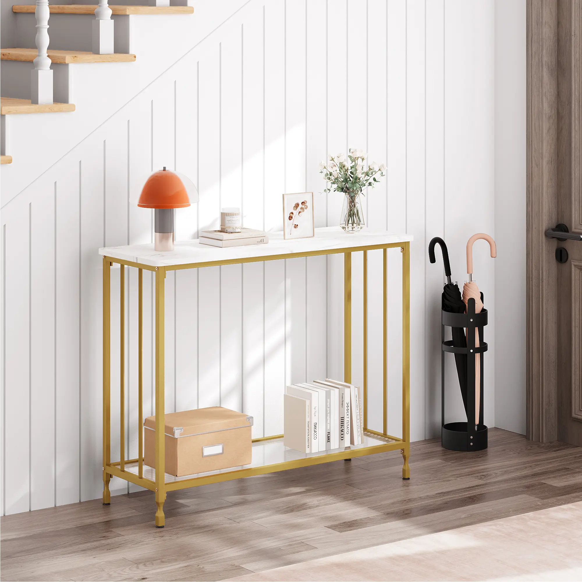 33.5" Narrow Console Table, Small Entryway Table with Glass Shelf and Metal Frame, Sofa Table Narrow Long Behind Couch Table, Modern Gold/Grey/Brown