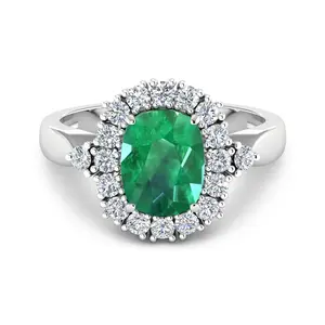 2.28 Ct Cushion Green Zambian Emerald and White Diamond prong 14k Gold Halo Statement Ring