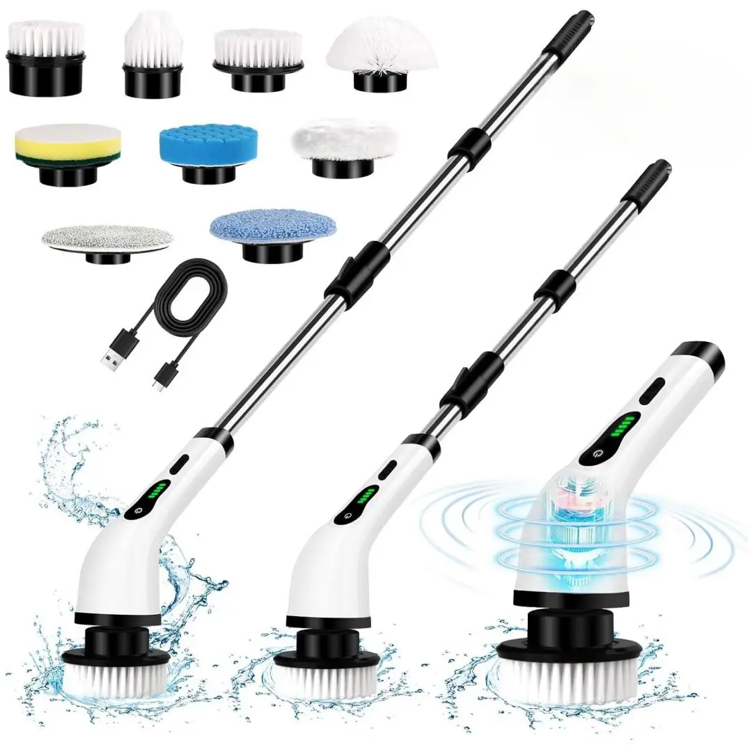 Cordless Electric Spin Scrubber for Summer, 1 Set USB Rechargeable Handheld Scrubber with 9 Counts Replacement Brush Heads, Portable Retractable Clean