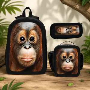 Cute Little Monkey Printed 17-in 3-Piece Set, Single-Layer Backpack, Adjustable Shoulder Strap, Lunch Bag, Pencil Bag, Back to School Gift Supplies