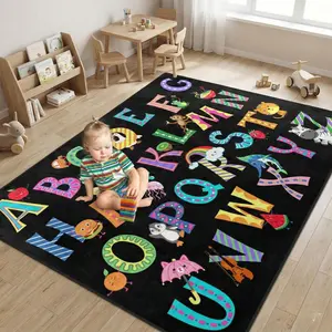 ABC Alphabet Rug, Classroom Playmat Rugs - 4x5 Ft Kids Carpet with Rubber Backing, Colorful Cartoon Letters Kids Play Mat Nursery Rugs for Bedroom Playroom - Black