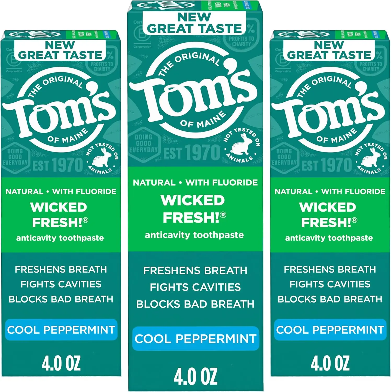 Tom's of Maine Wicked Fresh Fluoride Toothpaste, Peppermint, 3 Pack, 4 oz | Natural Anticavity Toothpaste with Fluoride, Blocks Bad Breath and Fights Cavities, Clinically Proven, SLS Free, No Dyes