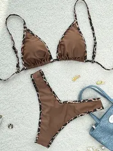 Two-Piece Set Women's Leopard Print Bikini Set, Casual Adjustable Strap Swim Bra & Swim Panty, Ladies Swimsuit for Beach Holiday Vacation, Bikinis Set, Spaghetti Strap Bikini