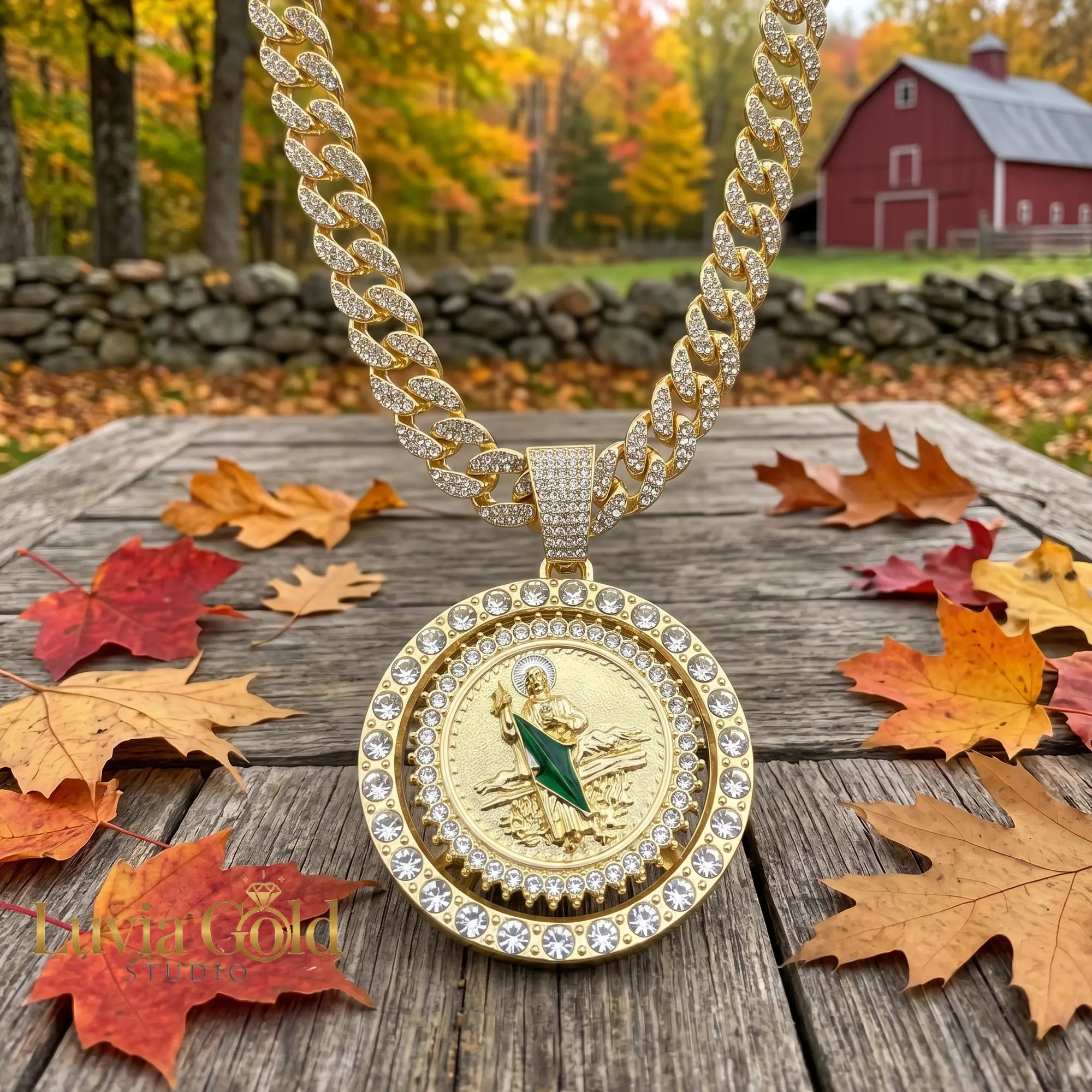 18K Gold-Plated Alloy Spinner St. Jude Necklace with Cuban Chain, Detailed Green Accent Pendant, 48cm Long E-Coating for Gold Shine Preservation, Hypoallergenic Nickel-Lead Free, Casual-Party Wear Gift for Women, Sohochi Religious Costume Jewelry
