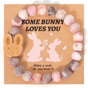Easter Basket Stuffers Bracelet – Handmade Gemstone Bunny Bracelet with Cute Bunny Card and Gift Box, Stretch Beaded Jewelry Holiday Gift 2026