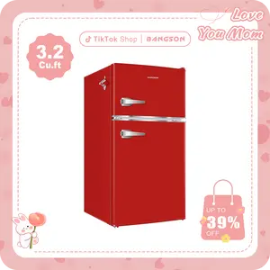 BANGSON Retro Fridge 3.2 Cu.Ft Mini Refrigerator with Double Door & Freezer Adjustable Thermostat Energy-Efficient LED Light Red Household Appliance Gift idea Christmas Gift