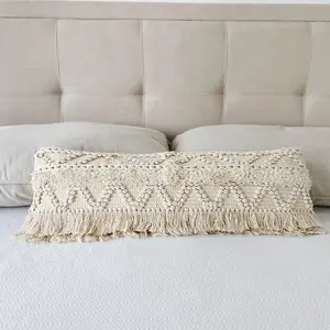 'Limnos' Long Lumbar Pillow 12"x36", Neutral Throw Pillow cover, Boho Pillow, Farmhouse Pillow, Handwoven Bohemian Fringe Lumbar Pillow