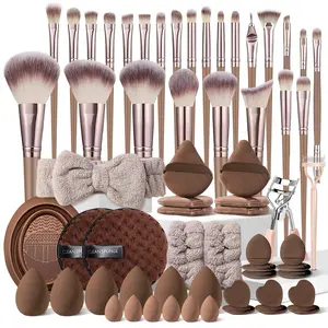 Brown 63Pcs Professional Makeup Brush Set - Includes 25Pcs Nylon Bristle Brushes, Blending Brush, Headband & Wristbands, Cleaning Sponge, Triangular Velvet Sponges, Finger Puffs, Large and Small Beauty Sponges, Eye Makeup Tools, Perfect For Newbies