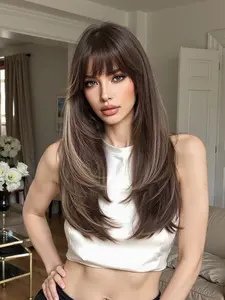 22 Inch Highlights Straight Bangs Long Hair Wig, Natural Looking Wigs, Natural Daily Wear High-Quality Heat Resistant Fiber Synthetic Hairpiece