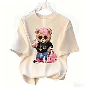Women's 100% Soft Cotton Cropped T-Shirt Crew Neck Short Sleeve Teddy Bear Heat Transfer Graphic Tee Casual Summer Top Style Womenswear
