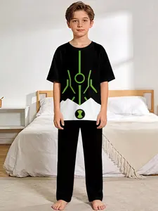 2-piece Alien Teen Transformation Moment Boys' Short-sleeve Pajama Set with Digital Print, Including Extended-length Sleep Pants. A stylish, trendy, casual, comfortable and soft sleepwear set, suitable for boys for sleeping and home leisure, making it a p