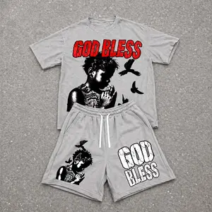 Men’s Summer 2 Piece Set, God Bless Hiphop Street Style Personality Letter Print Short Sleeve T Shirt and Drawstring Shorts Matching Outfit, Lightweight Breathable Casual Set for Travel, Streetwear, Beach, Vacation, and Daily Wear