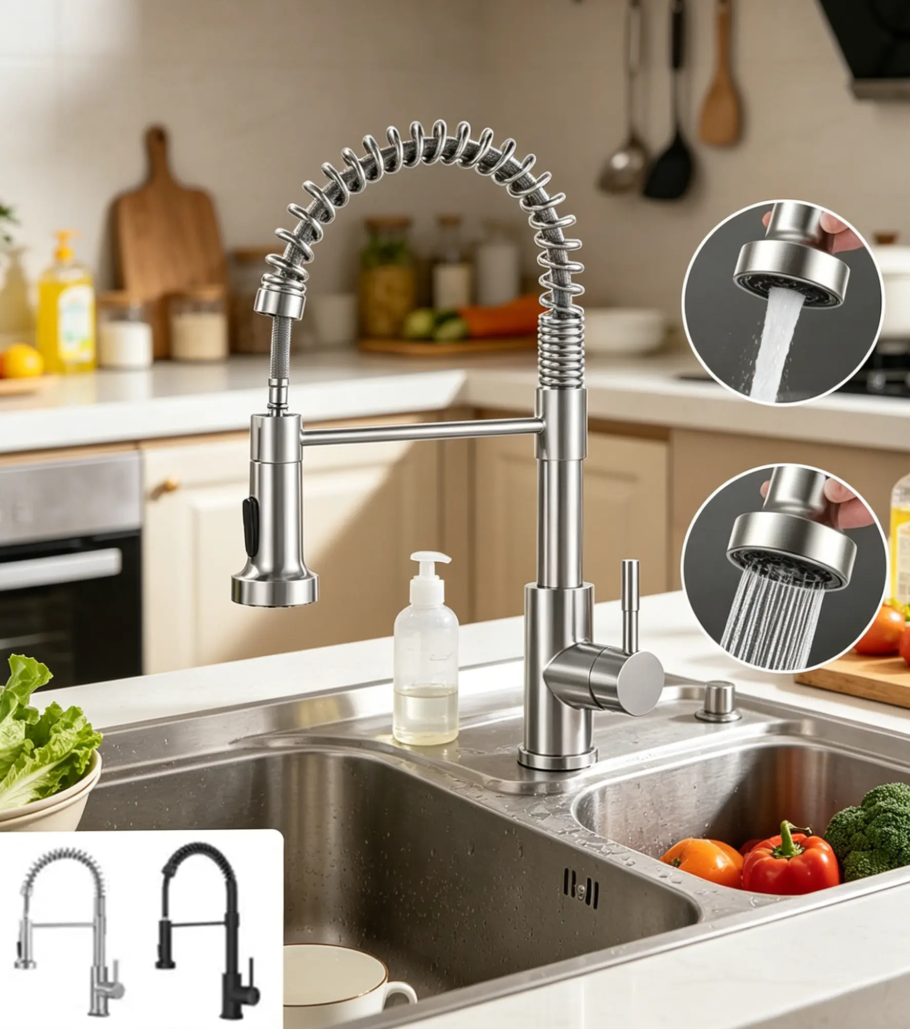 Modern Kitchen Faucet with Pull Down Sprayer Brushed Nickel Single Handle Compact Design Suitable for 1 or 3 Holes Fixtures