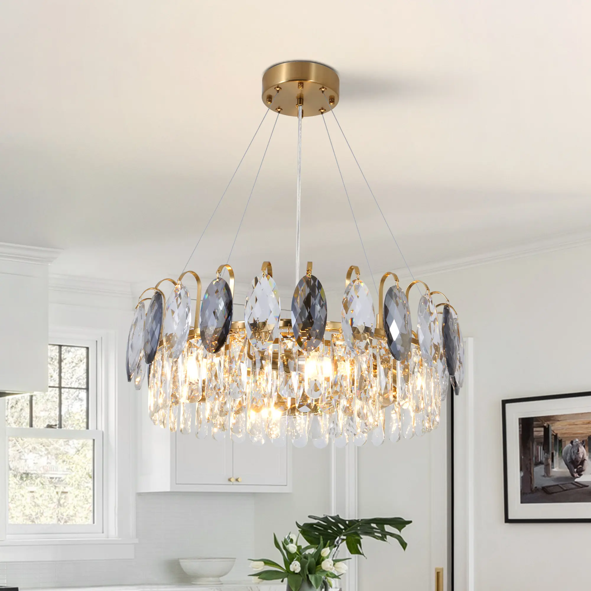 Modern Crystal Ceiling Light 24” Chrome Silver Finish 6 Lights Chandelier Round 3-Tier Light Fixture for Living Room Bedroom pendant light